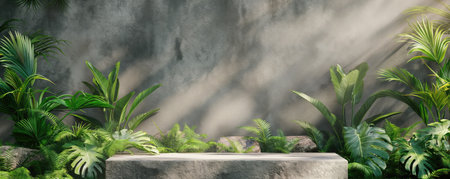 Stone podium mockup. Natural rock pedestal with tropical palm leaves and concrete wall in the background. Scene stage decoration for promotion sale or advertising of beauty and spa products and cosmetics. 3d empty minimalistic product display podiumの写真素材
