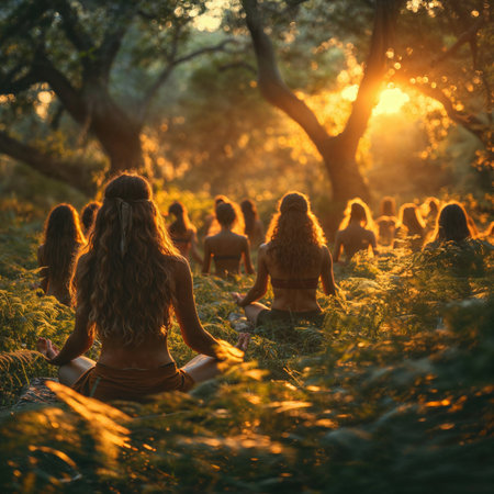 Group of people practicing yoga in the nature. Meditation in the nature. Outdoor yoga classの写真素材
