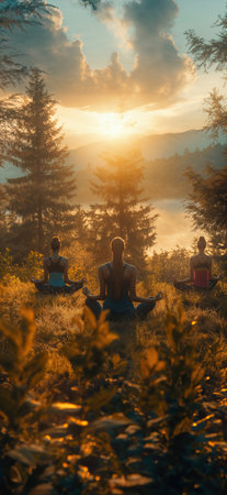 Group of people practicing yoga in the nature. Meditation in the nature. Outdoor yoga classの写真素材