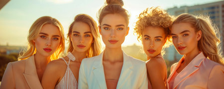 Group of diverse looking business women in a modern office. Businesswomen team in office. Stylish happy office staff. Feminism conceptの素材