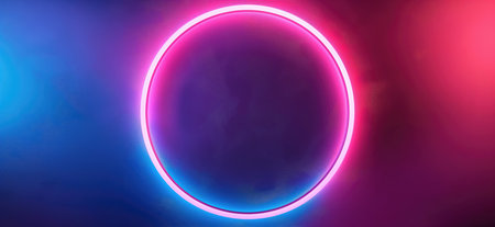 Neon circle. Glowing ring with copy space. Blue and pink neon light round frame