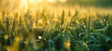 Agriculture banner. Sprouts in the spring field. Sprouting seeds from a low angle view. Germination conceptの写真素材