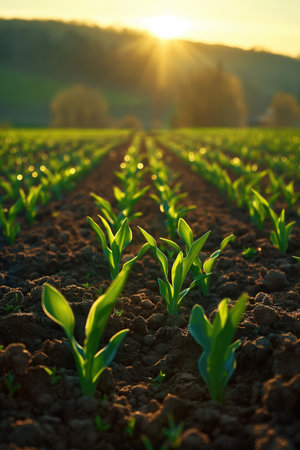 Agriculture banner. Sprouts in the spring field. Sprouting seeds from a low angle view. Germination...