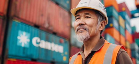 Chinese worker standing in front of stacked shipping containers. Container terminal - freight shipping background. Import export concept. International trade bannerの素材