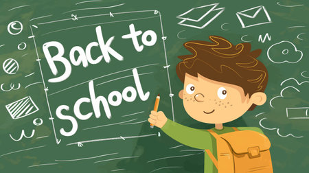 Kid writing Back to school on the blackboard. Back to schoolの写真素材