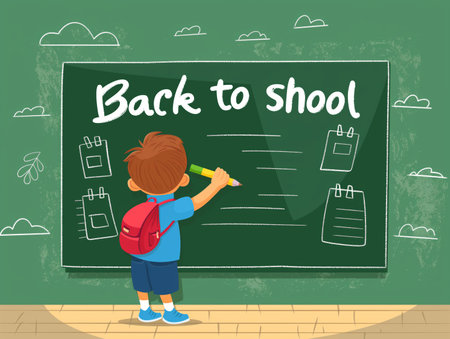 Kid writing Back to school on the blackboard. Back to schoolの写真素材