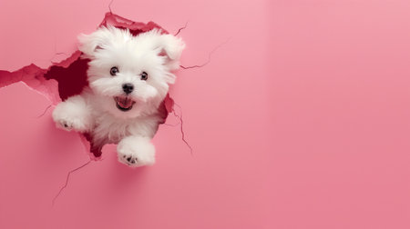 Creative dog banner. Bichon frize breaking through a hole in the wallの写真素材