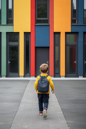 Kid running to school. Back to school. First day at school conceptの写真素材