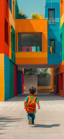 Kid running to school. Back to school. First day at school conceptの素材