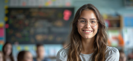Portrait of a happy teacher in a classroom. Female teacherの素材