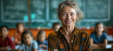 Portrait of a happy teacher in a classroom. Female teacherの素材