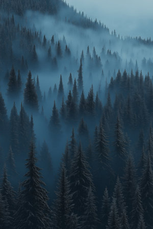 Misty forest. Misty spruce landscape banner. Foggy mountainsの素材