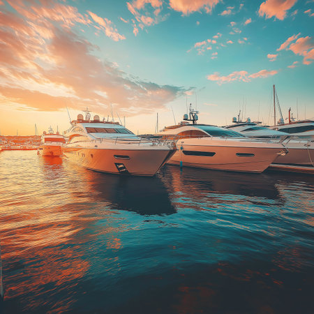 Luxury yachts in port at sunset. Yacht. Modern motor boatsの素材