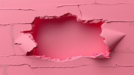 Hole broken in a pink wall. Hole in a wallの写真素材