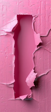 Hole broken in a pink wall. Hole in a wallの写真素材