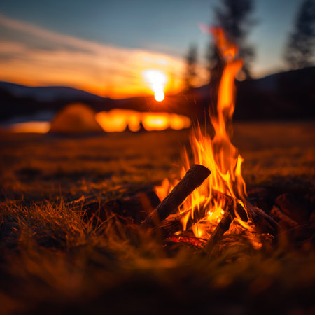 Camping banner. Campfire. Fire and tent at sunsetの写真素材