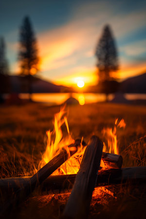 Camping banner. Campfire. Fire and tent at sunsetの写真素材