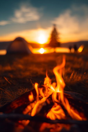 Camping banner. Campfire. Fire and tent at sunsetの写真素材