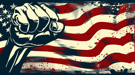 Patriotic poster. Clenched fist in the air in front of the american flag. USA patriot. Symbol of...