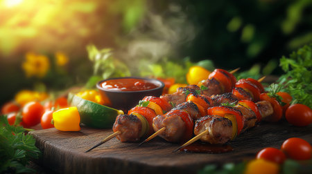 Summer barbecue party. Fresh kebab and vegetablesの写真素材