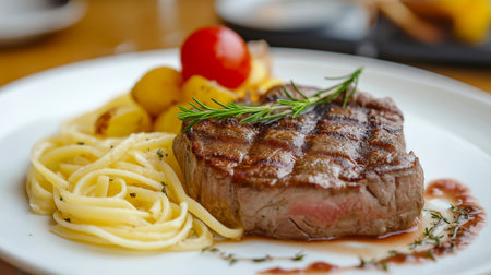 Delicious steak served with pasta and potatoes. Steakの写真素材