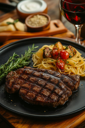 Delicious steak served with pasta and potatoes. Steakの写真素材