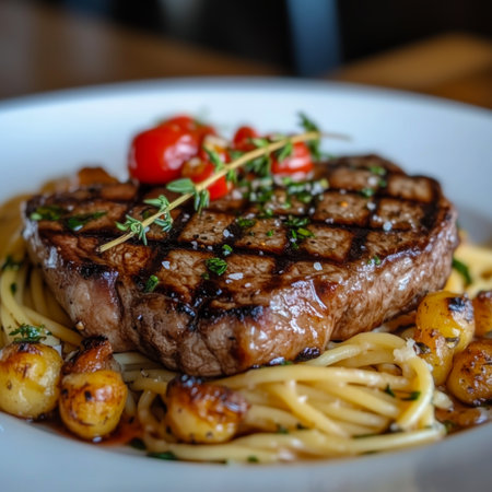 Delicious steak served with pasta and potatoes. Steakの写真素材
