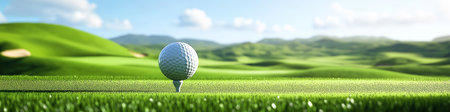 Golf ball on the tee in a beautiful green landscape. Golf bannerの写真素材