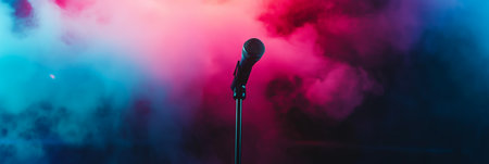 Mic on a stage. Microphone standing on an empty stage with colorful light and smokeの写真素材