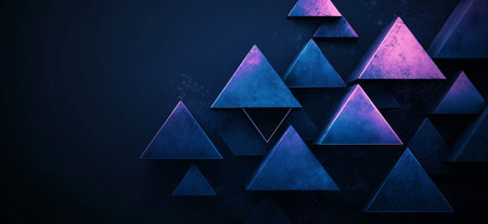 Blue and purple 3D objects on black backdrop. Abstract background with floating geometric shapesの写真素材