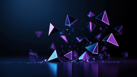Blue and purple 3D objects on black backdrop. Abstract background with floating geometric shapes