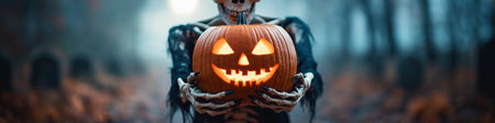 Halloween horror poster. A skeleton holding a Halloween pumpkinの写真素材
