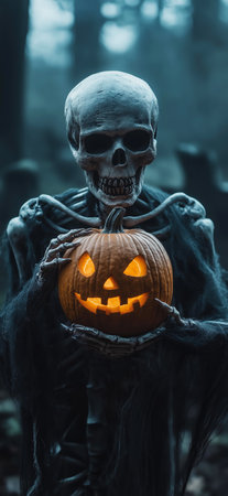 Halloween horror poster. A skeleton holding a Halloween pumpkinの写真素材