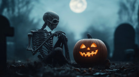 Halloween horror poster. A skeleton holding a Halloween pumpkin