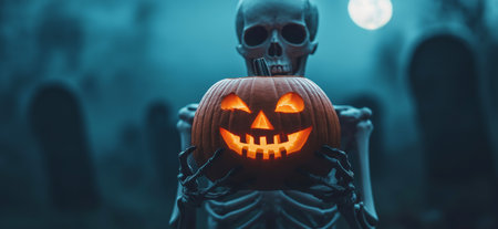 Halloween horror poster. A skeleton holding a Halloween pumpkinの写真素材