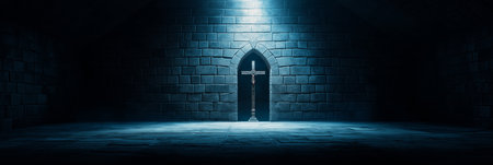 Religious background. Christianity concept. A Church with cross and light coming from behindの写真素材