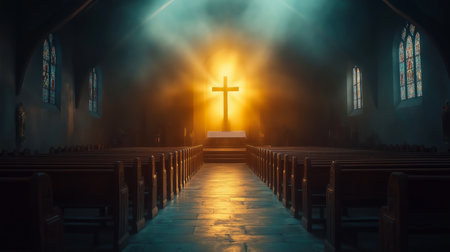 Religious background. Christianity concept. A Church with cross and light coming from behindの写真素材