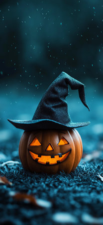 Halloween banner with copy space. Halloween pumpkin wearing a witch hat