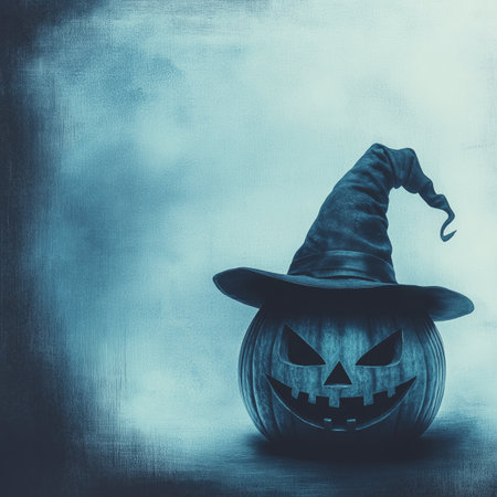 Halloween banner with copy space. Halloween pumpkin wearing a witch hatの写真素材