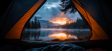 Adventure hiking and camping in the wild nature. View of the wilderness from a tentの写真素材