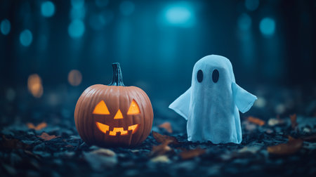 Two ghosts and a pumpkin. Halloween greeting card