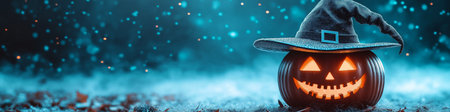 Halloween banner with copy space. Halloween pumpkin wearing a witch hat