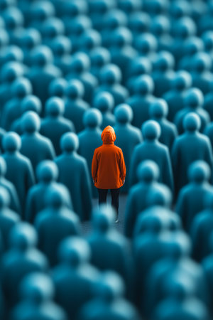 Man standing out of crowd. Think different. Individualityの素材