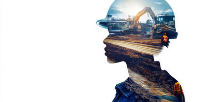 Building engineer or architect banner. Construction worker double exposureの写真素材