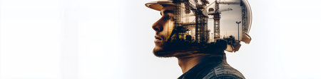 Building engineer or architect banner. Construction worker double exposureの素材