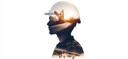 Building engineer or architect banner. Construction worker double exposureの写真素材