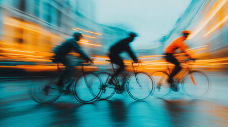 Cycling in the city. Urban cycling. Motion blurred people riding bicycles in the cityの素材