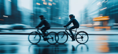 Cycling in the city. Urban cycling. Motion blurred people riding bicycles in the cityの写真素材