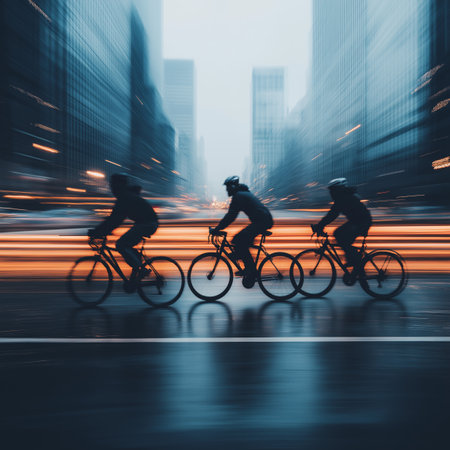 Cycling in the city.  Urban cycling. Motion blurred people riding bicycles in the city