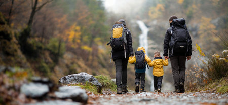 Hiking. Family on an autumn trip in a national park near waterfallsの写真素材